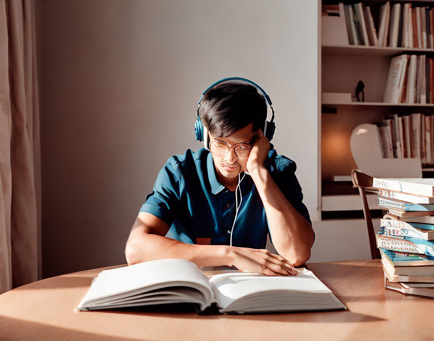 Person Studying with Headphones Surrounded by Books and Sunlight