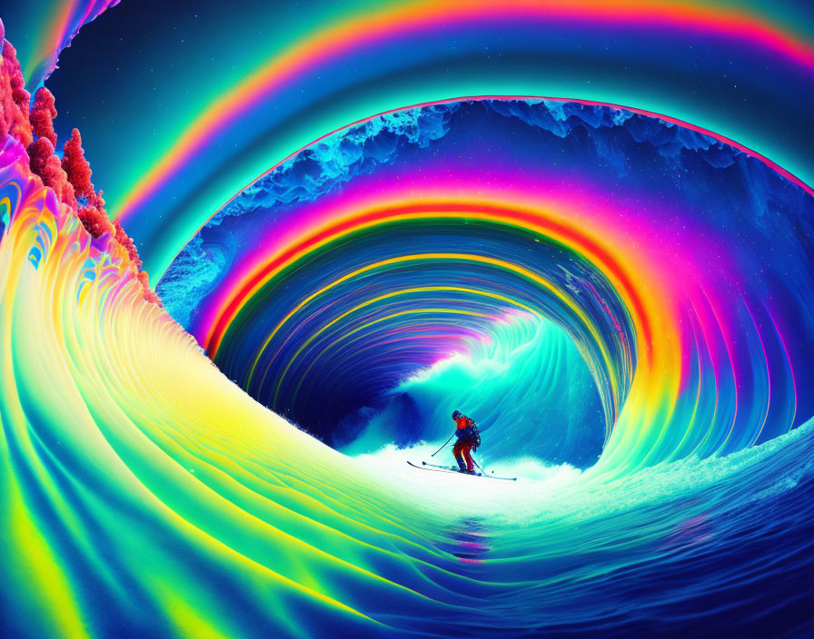 Skier descends vibrant multicolored wave with swirling rainbow