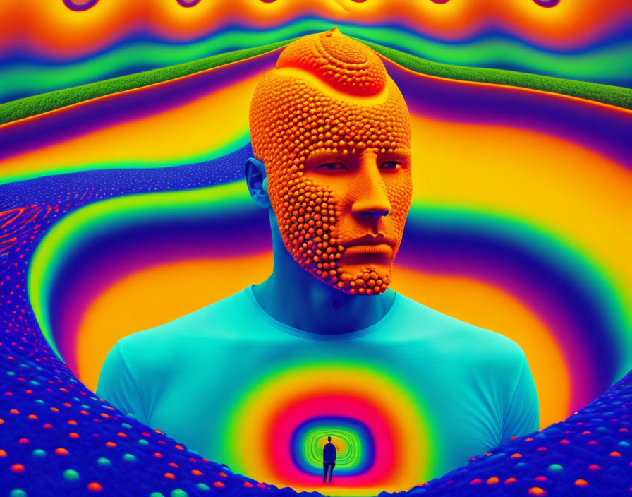 Colorful surreal portrait of male figure with textured skin on vibrant psychedelic background.