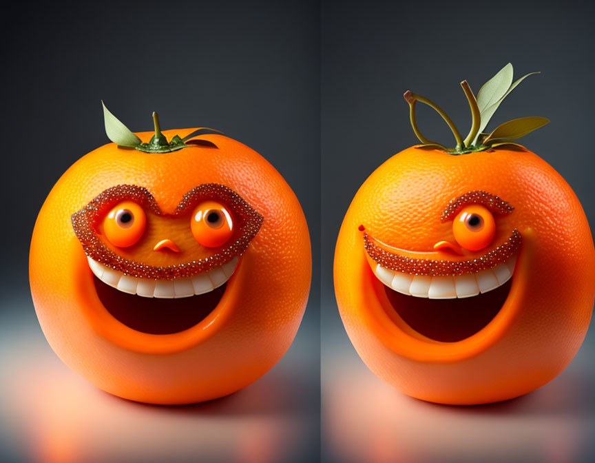 Oranges with Eyes and Mouths on Dark Grey Background