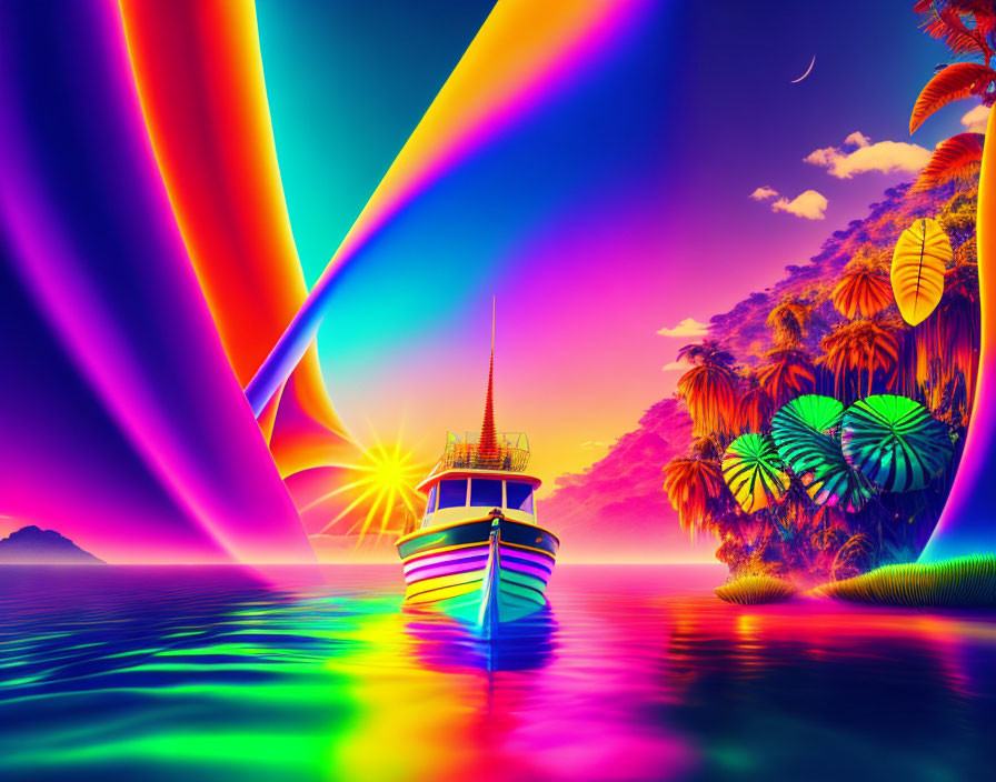 Colorful surreal landscape with neon sky, boat on iridescent waters, palm trees, and cres