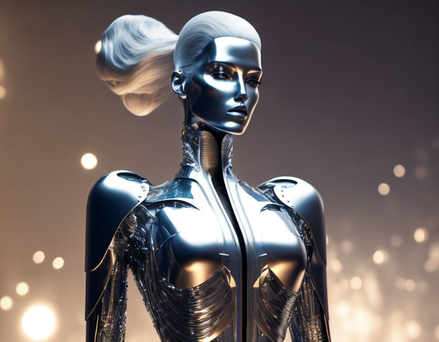 Sleek silver futuristic female robot with updo hairstyle