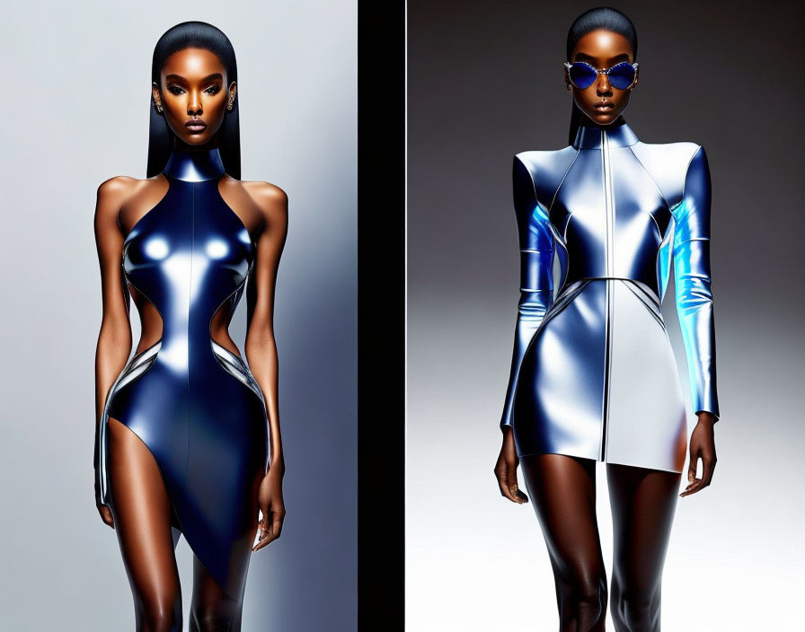 Futuristic model in glossy bodysuit and sunglasses poses on gradient background