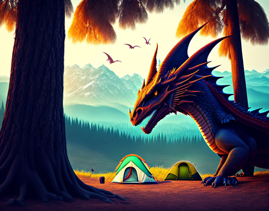 Majestic dragon by colorful tents in tranquil forest