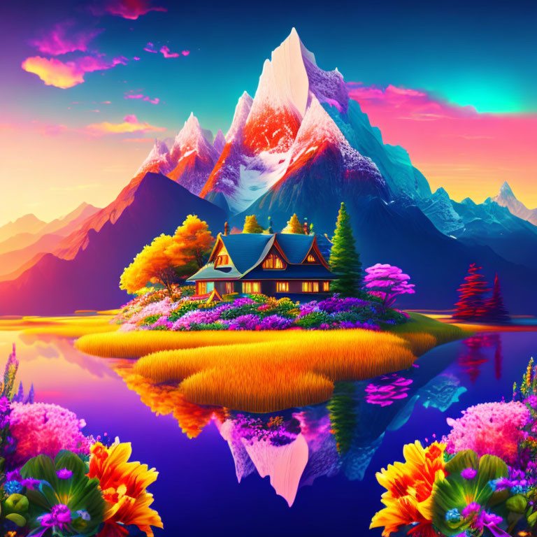 Colorful surreal landscape with cottage, lake, and mountains at sunset