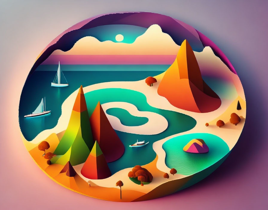 Vibrant circular landscape with geometric shapes: mountains, trees, river, sailboats, setting sun