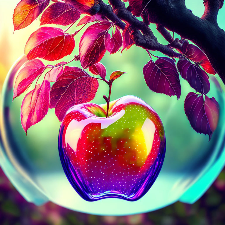 Colorful Apple with Heart Cutout Under Tree with Red Leaves