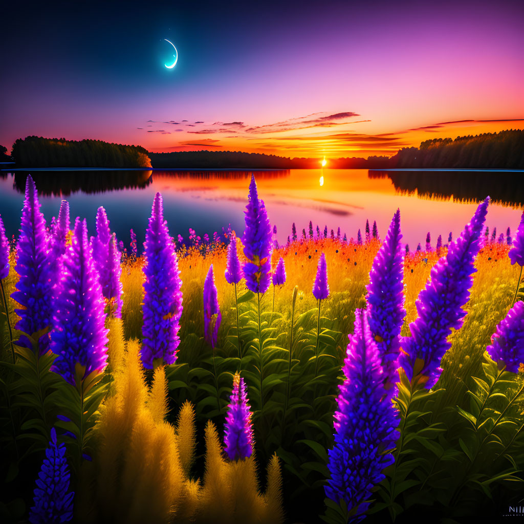 Field of flower with lake & cosmic sunset