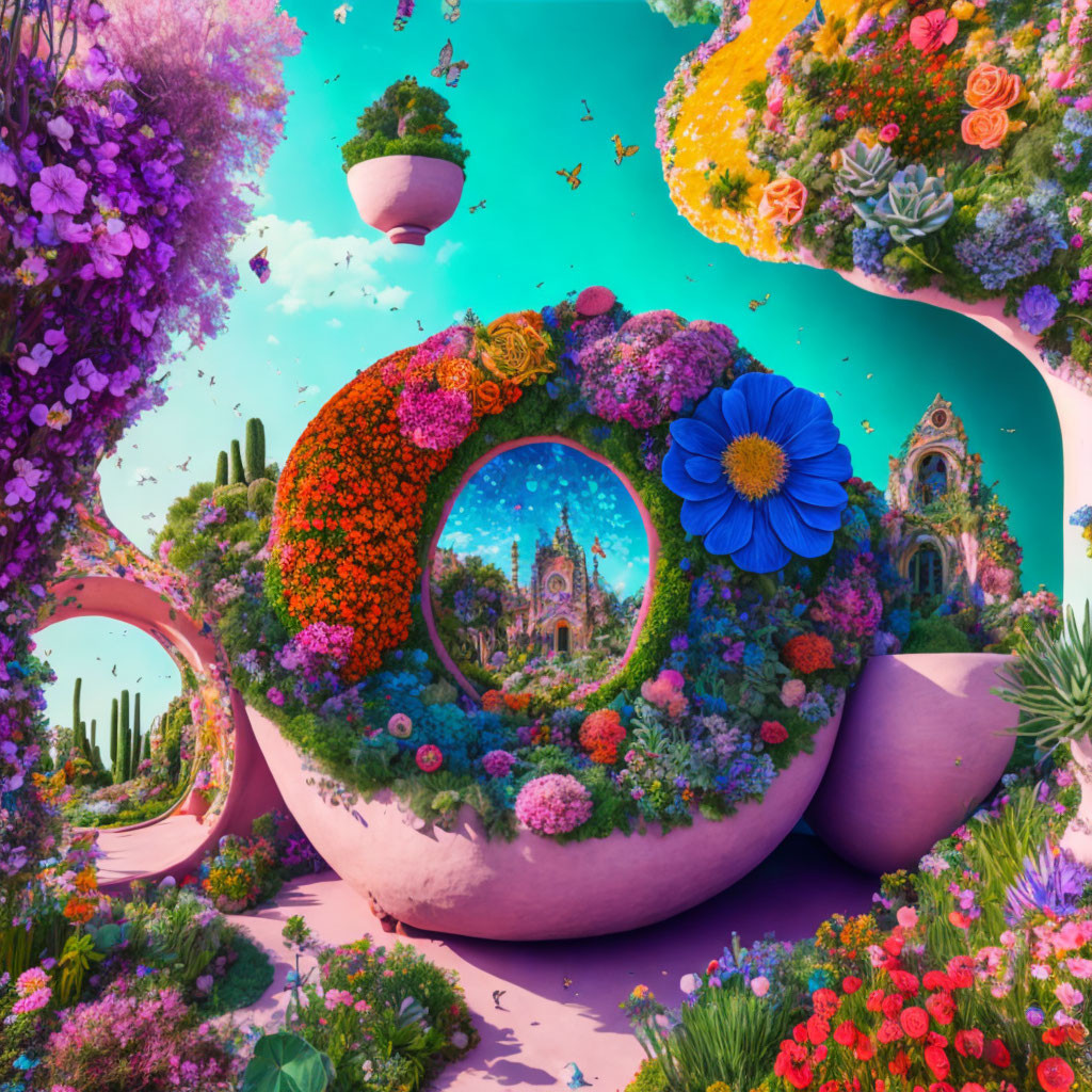Colorful garden with floating islands and whimsical architecture