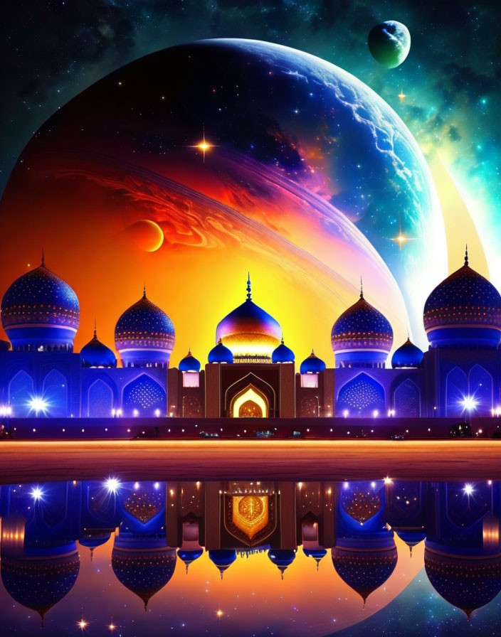 Digital artwork: Ornate blue palace domes against planet and moons backdrop