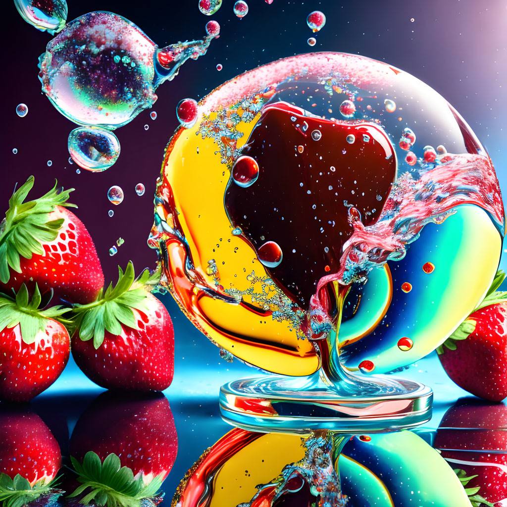 Dynamic Splash Strawberry Glass Art