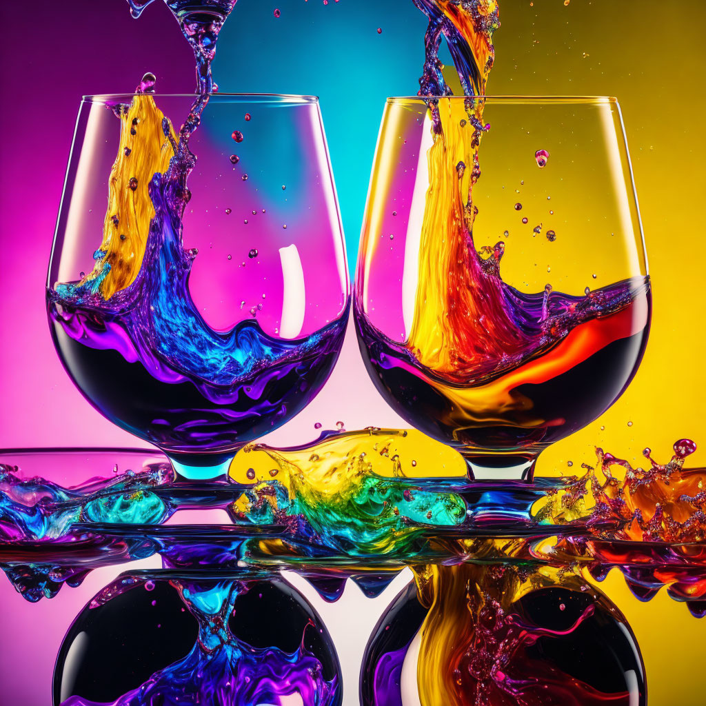Vibrant liquid splashing from wine glasses on reflective surface