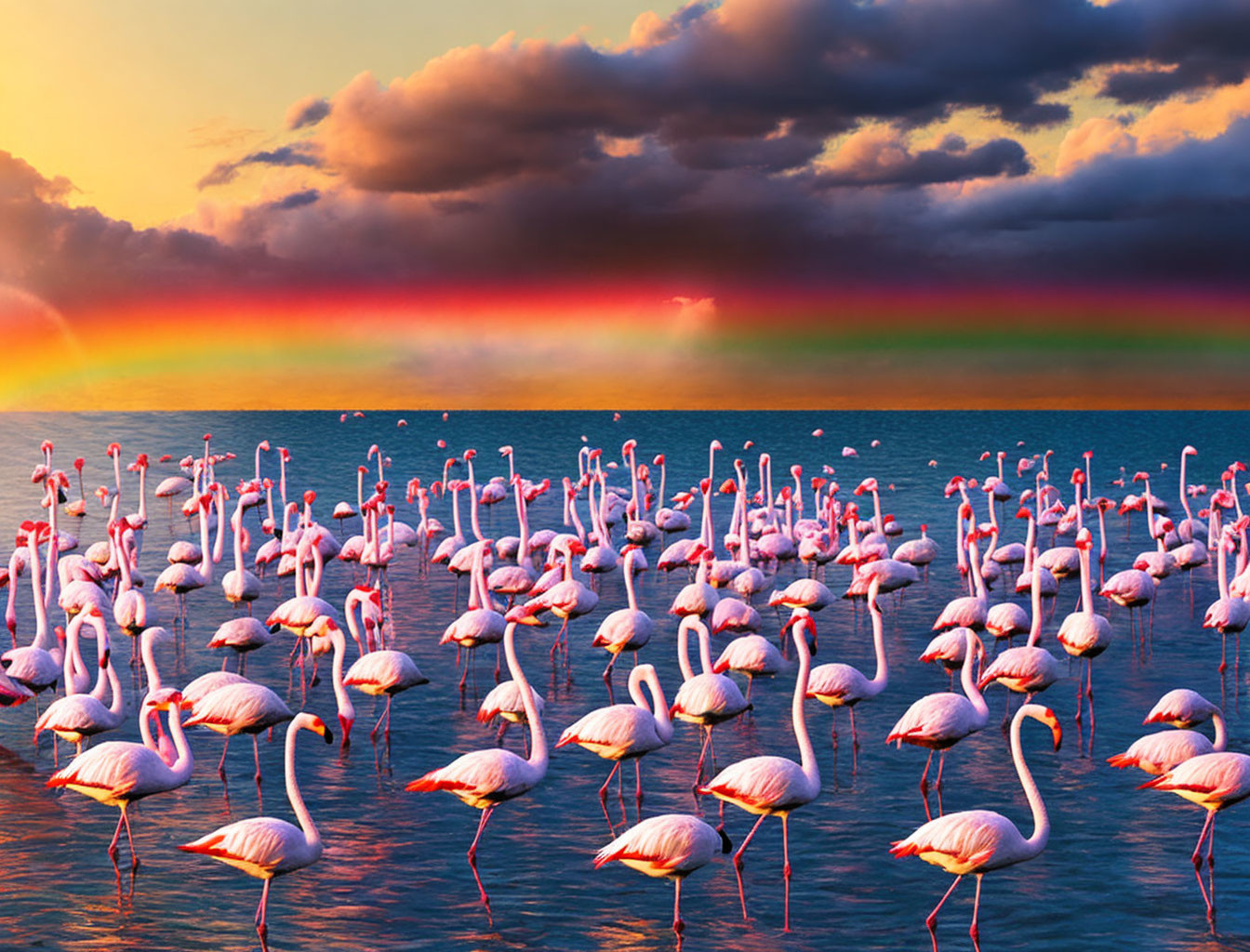 Flamingos under rainbow at seaside sunset