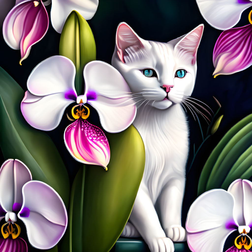 Cat with Orchid Flowers