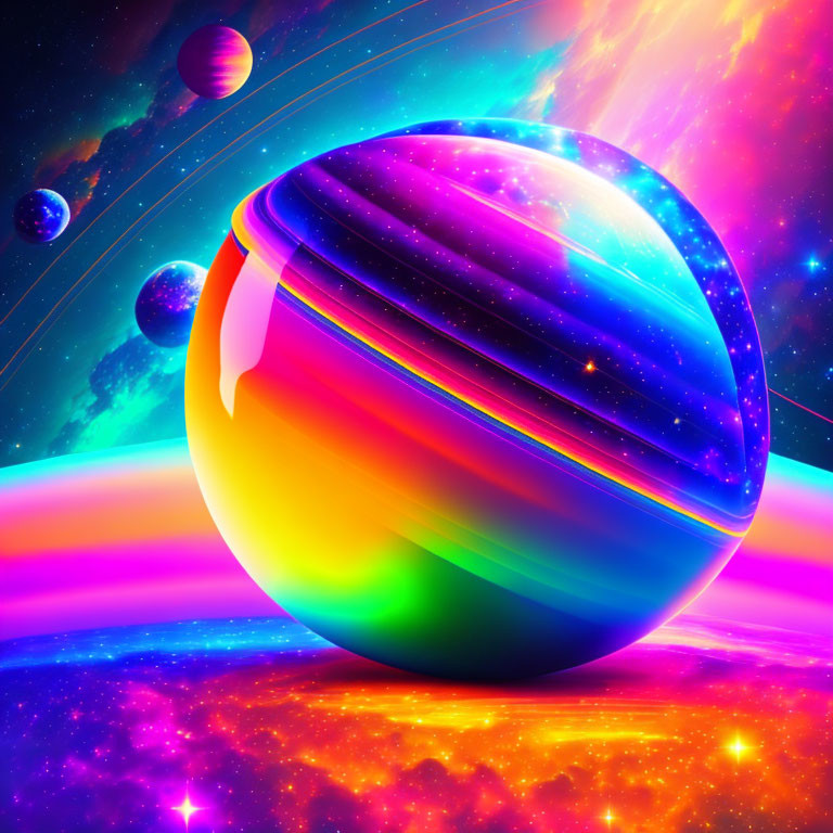 Colorful surreal artwork: glossy multicolored planet in cosmic scene