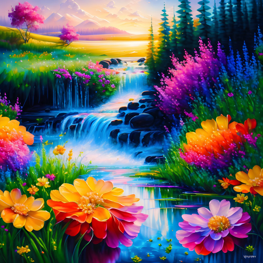 Waterfall and flower landscape