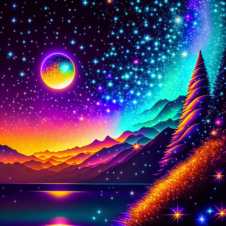 Digital Artwork: Colorful Starry Night Sky with Nebula, Mountains, Pine Trees, and