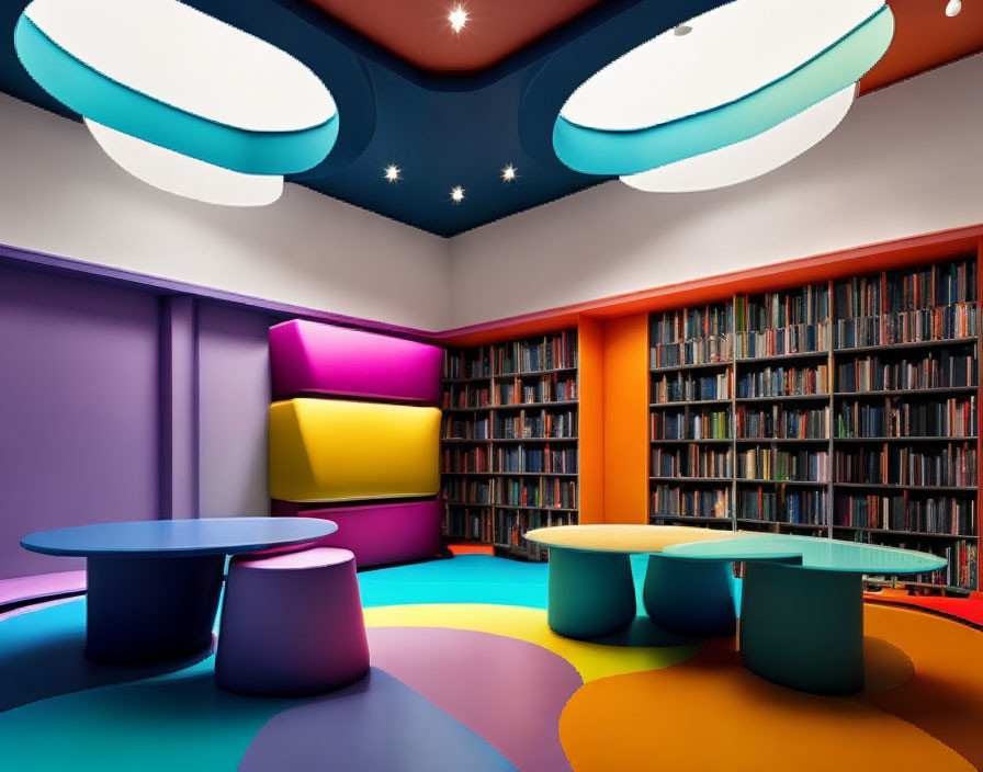 Vibrant modern library with circular bookshelves and star-like ceiling lights