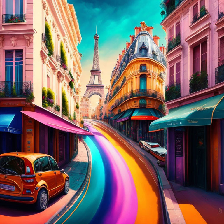 Colorful Digital Artwork: Parisian Street Scene with Eiffel Tower