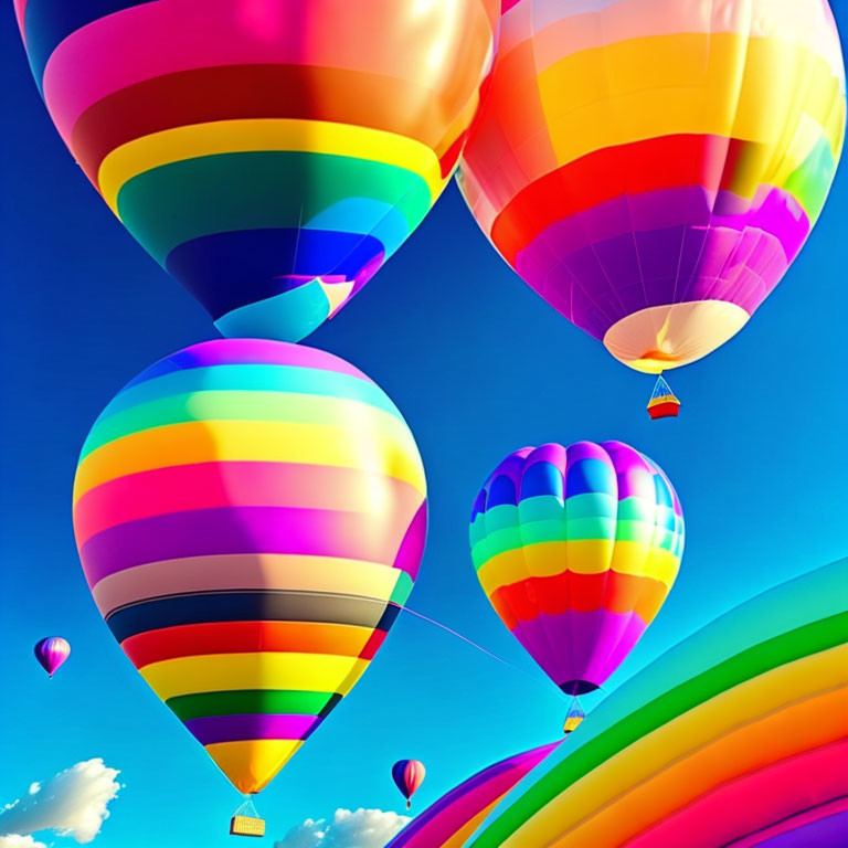 Vibrant hot air balloons in bright blue sky