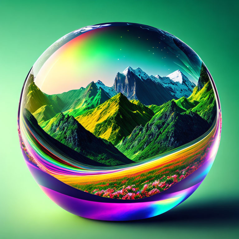 Colorful digital art: Reflective sphere with mountain landscape on green backdrop