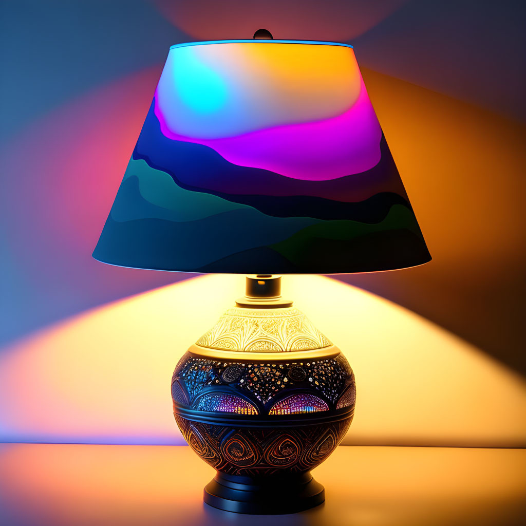 Patterned Base Table Lamp with Multicolored Shade on Orange & Blue Gradient