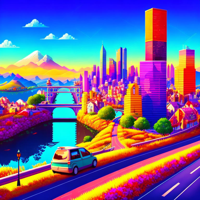 Colorful cityscape with skyscrapers, bridges, car, mountains, and bright sky
