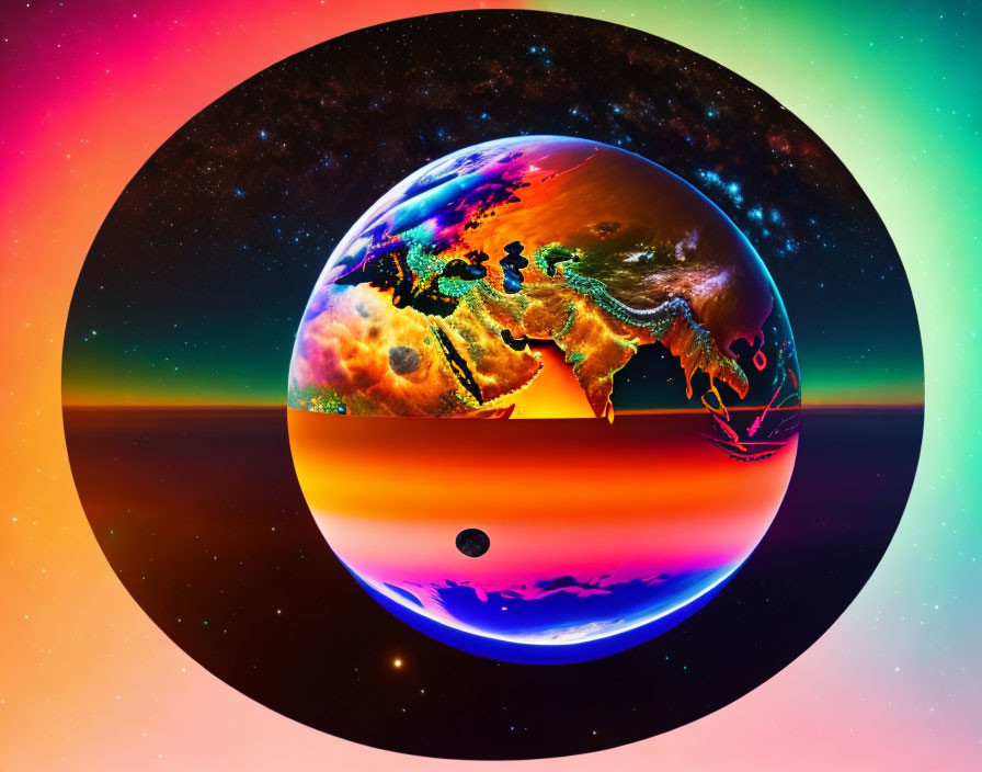 Colorful Earth Artwork with Surreal Backdrop and Circular Frame