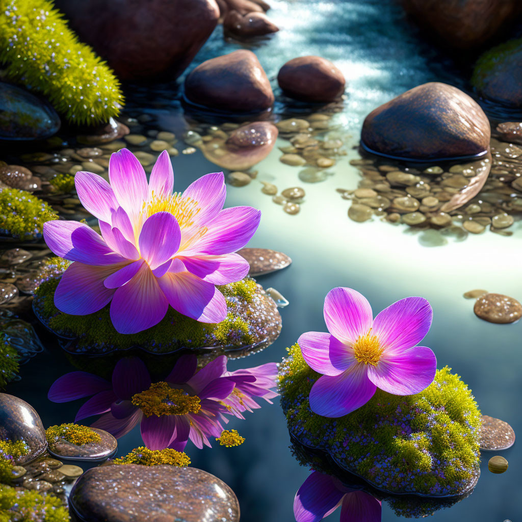River Stones with Water Flowers