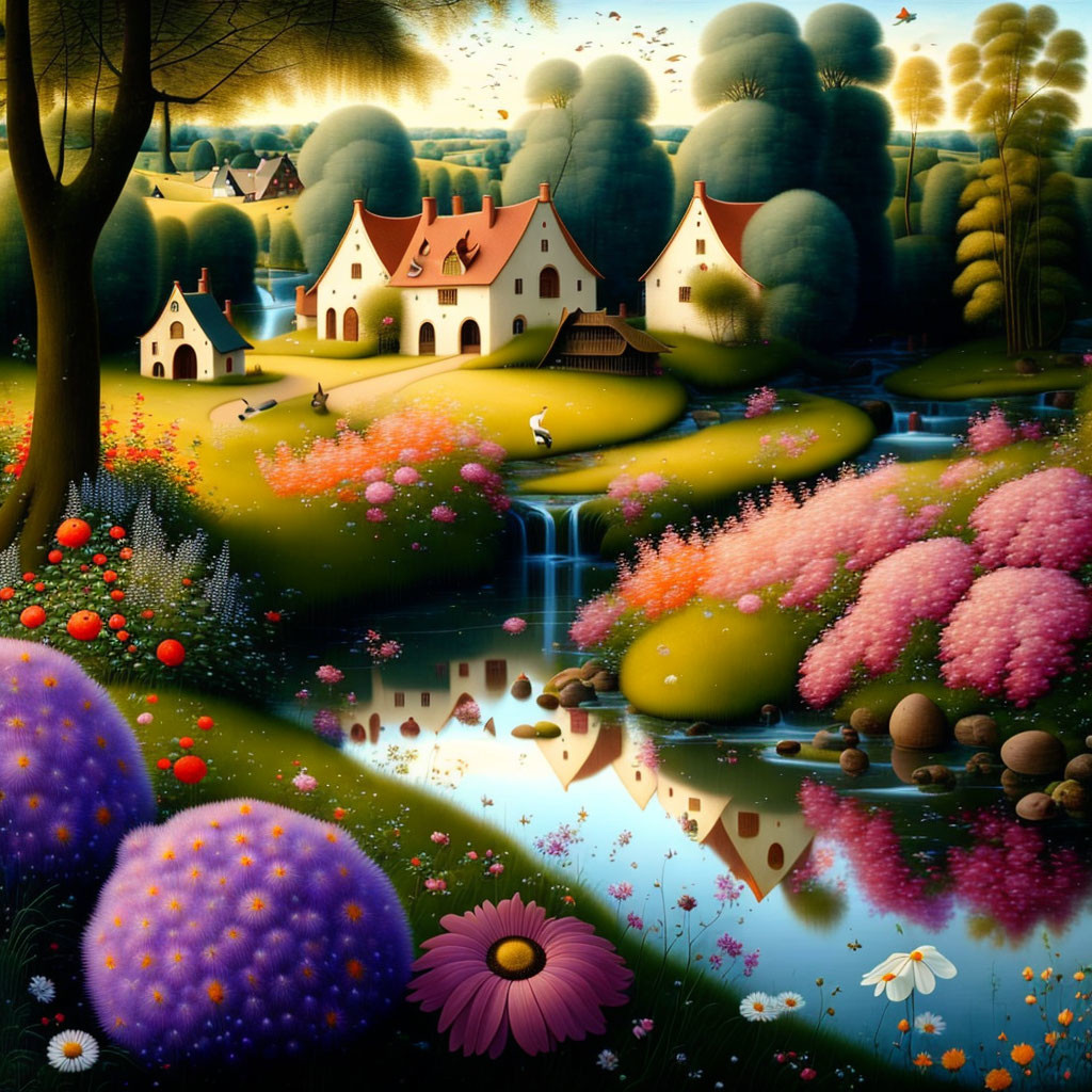 Colorful landscape with rivers, houses, and hills in storybook style