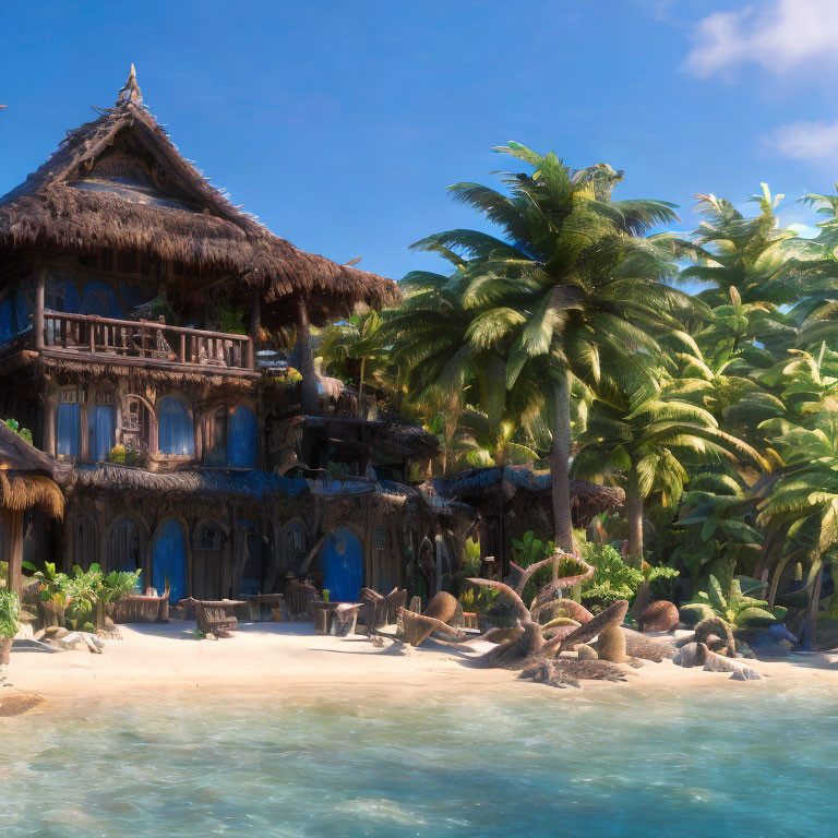 Tropical beach scene with rustic hut, palm trees, calm sea, and clear sky
