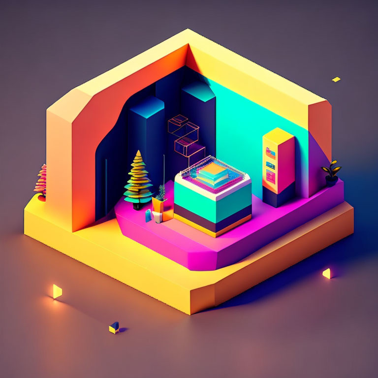 Vibrant isometric digital art with abstract room and glowing elements
