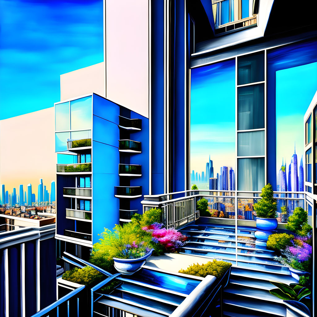 Colorful Modern Balcony Illustration Overlooking Cityscape