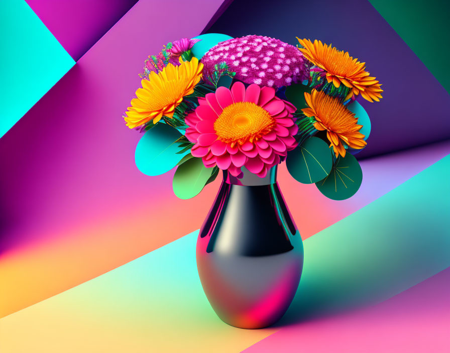 Vibrant flowers in reflective vase on abstract background