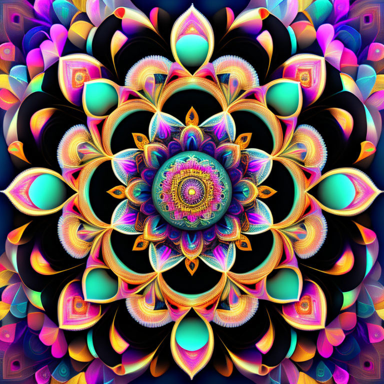 Colorful Symmetrical Kaleidoscope Pattern with Fluorescent Petal and Geometric Shapes