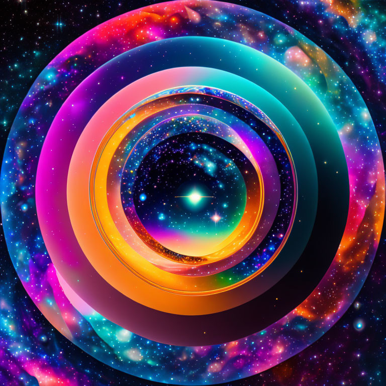 Colorful Digital Artwork: Concentric Circles & Star Spiral on Cosmic Background