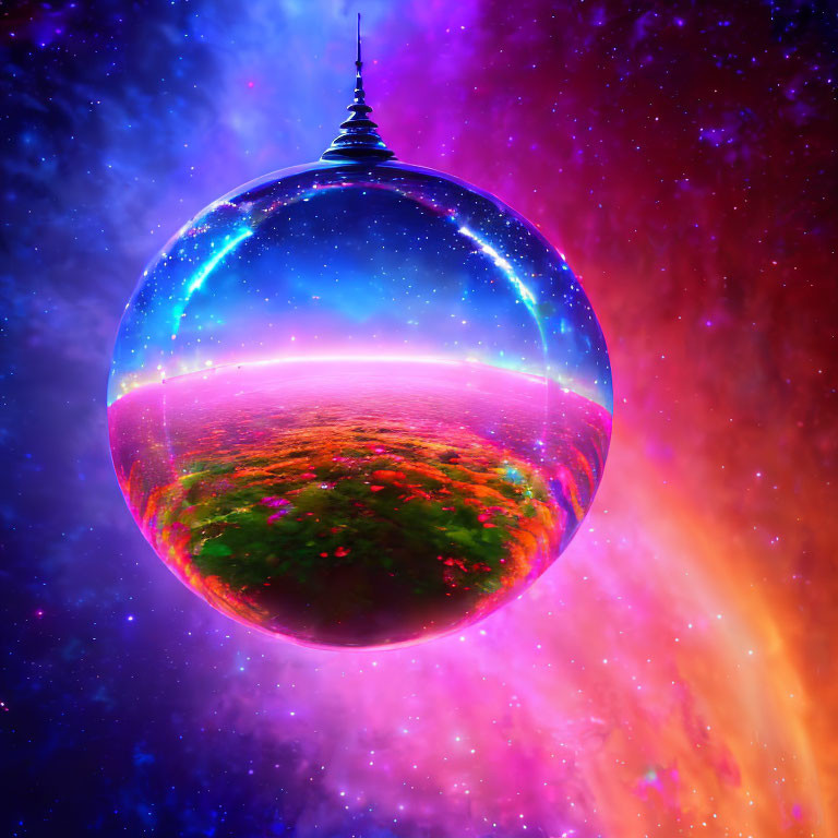 Colorful cosmic background with nebula, transparent sphere revealing lush landscape, and dark spire.