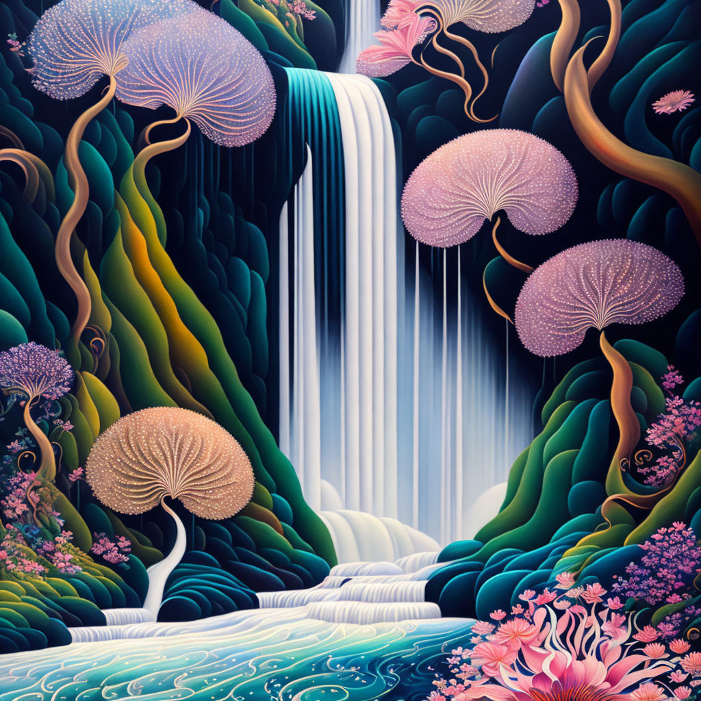 Surreal Flowers and Waterfall 