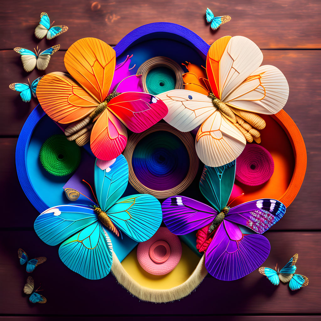 Vibrant paper butterflies on circular wooden display