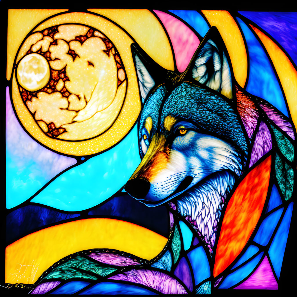 Stained glass window of a wolf under the moon