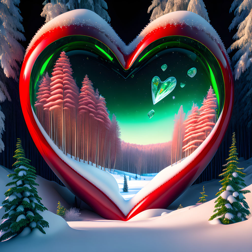 Red heart with snow green forest 