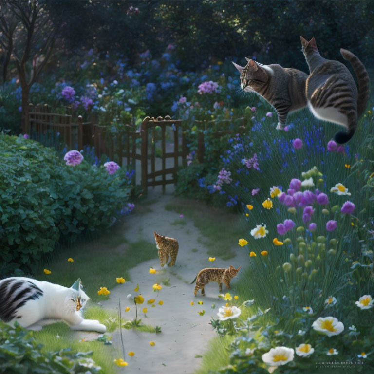 Three Cats in Serene Garden with Blooming Flowers