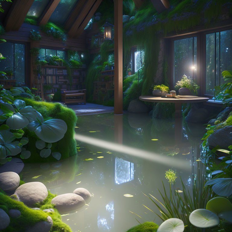 Serene Forest Cabin Interior with Greenery, Pond, and Sunlight