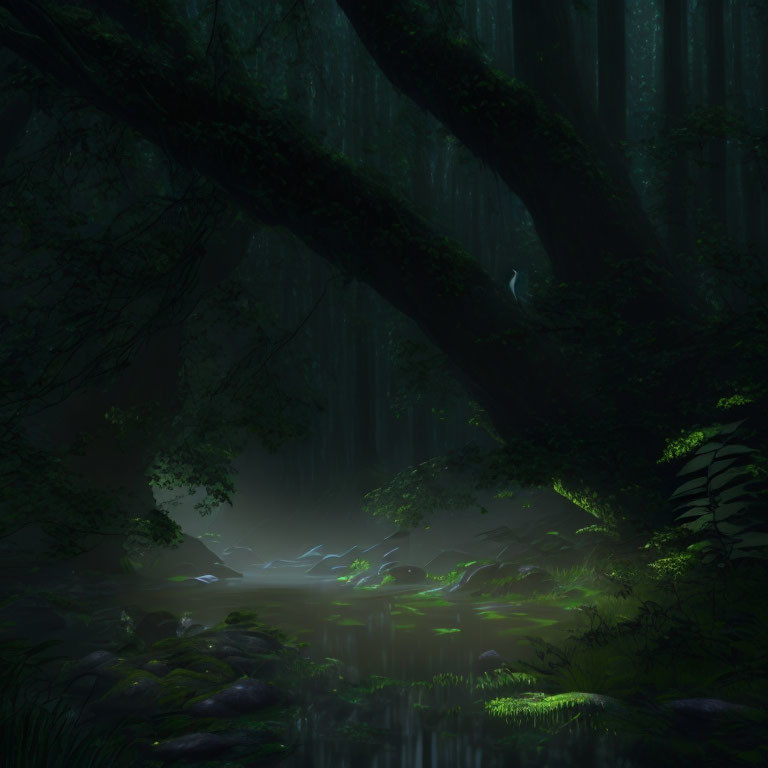 Enchanted forest with glowing pond and ethereal light
