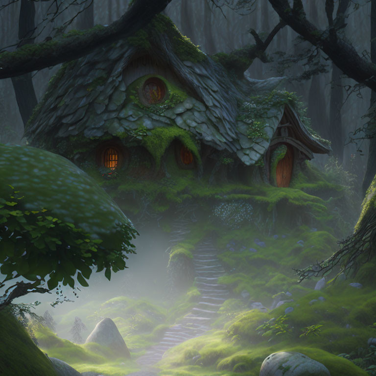 Fantasy-style house covered in moss in misty forest