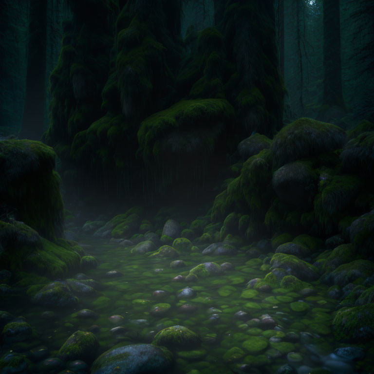 Mystical foggy forest with moss-covered rocks and greenish water