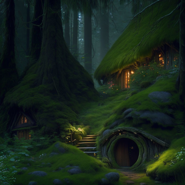 Magical Enchanted Forest Scene with Fairy-Tale Houses and Glowing Windows