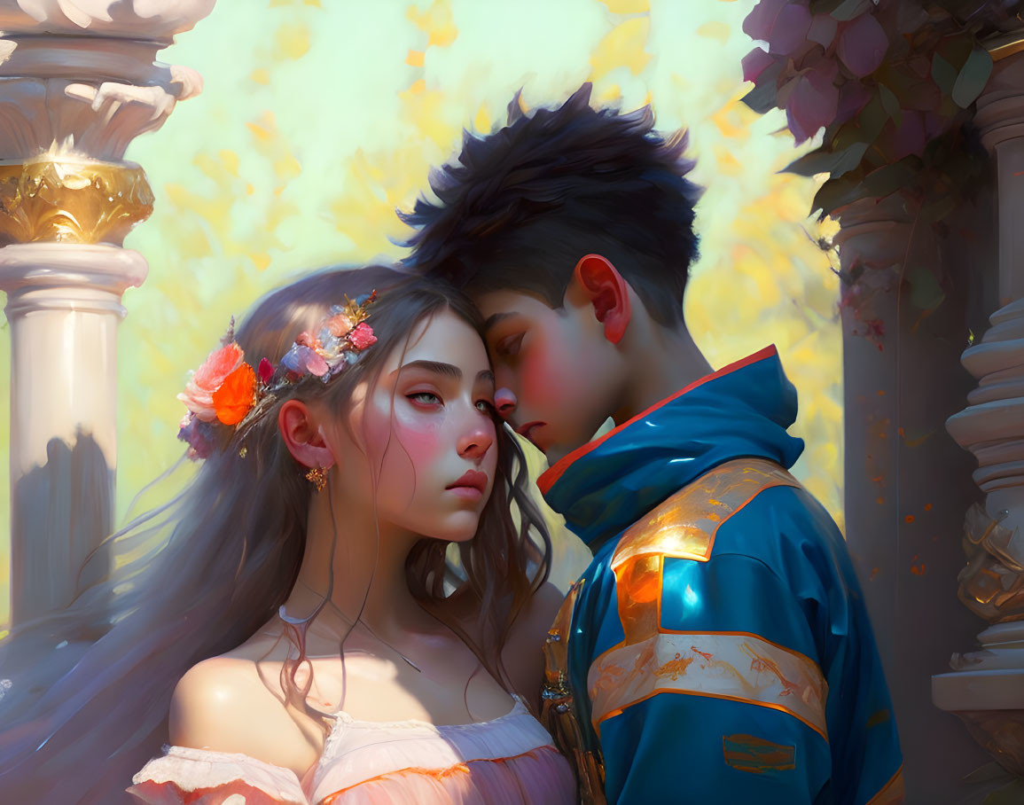 Animated characters in romantic embrace in autumnal setting