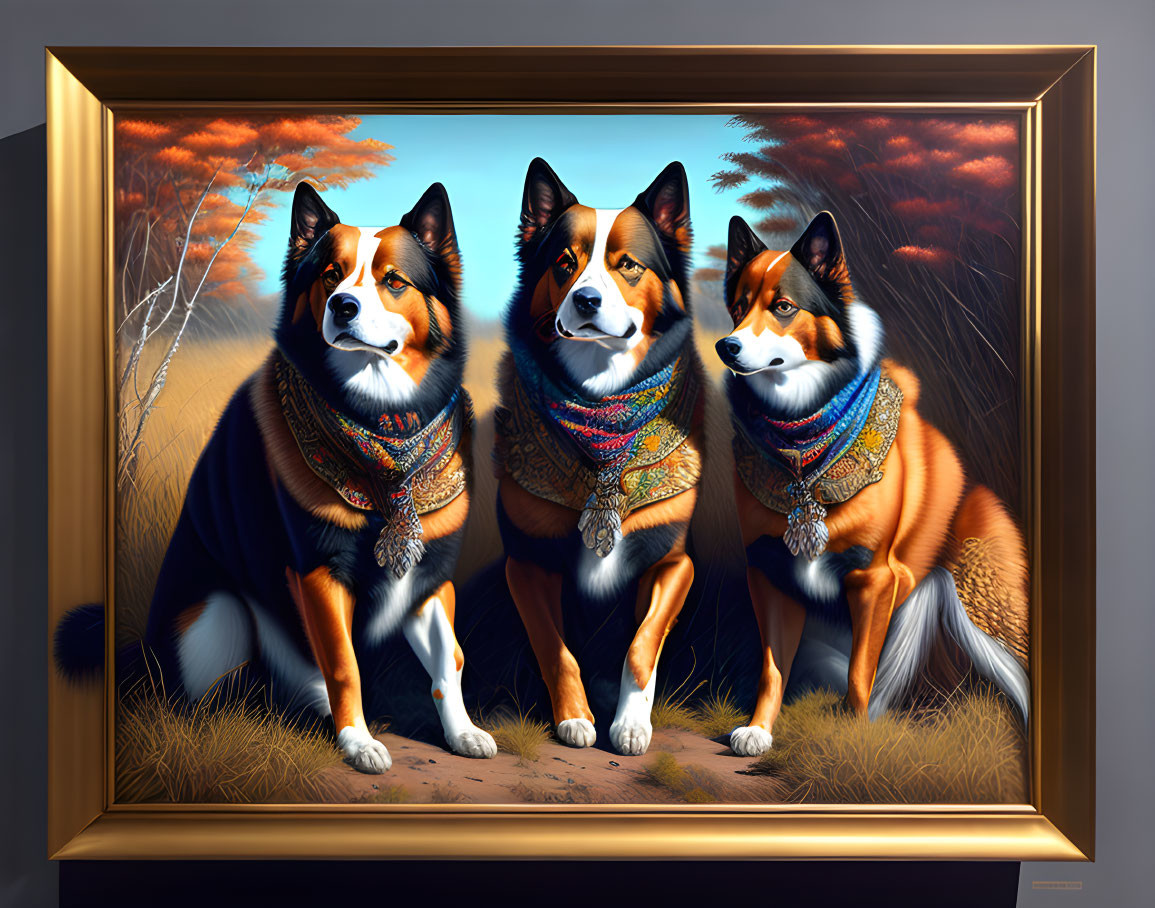 Colorful Dogs with Scarves in Autumnal Landscape and Frame
