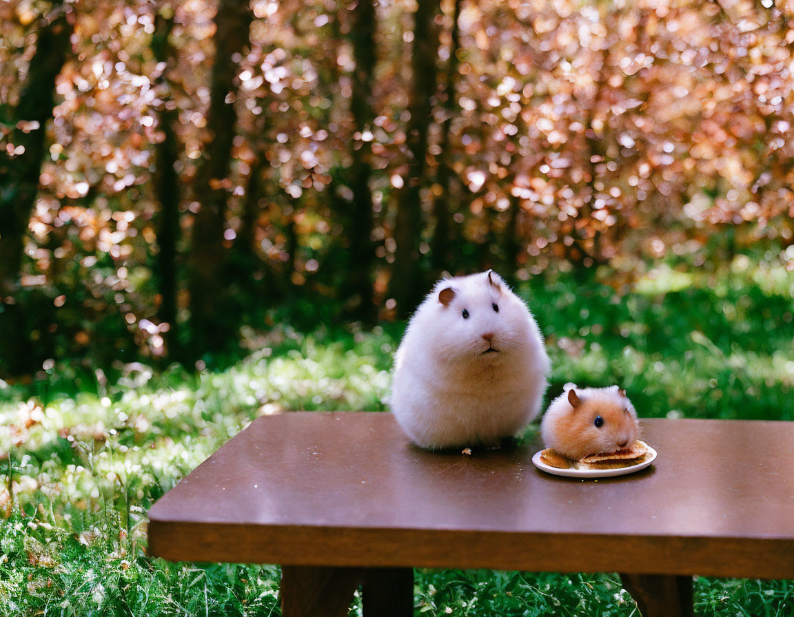 Two hamsters on wooden table outdoors with blurred foliage background
